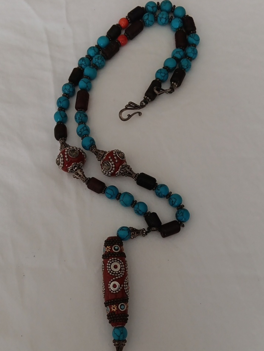 Hand CraftedColorful Beaded Turquoise Necklace with Pendant.Retro.Ornate